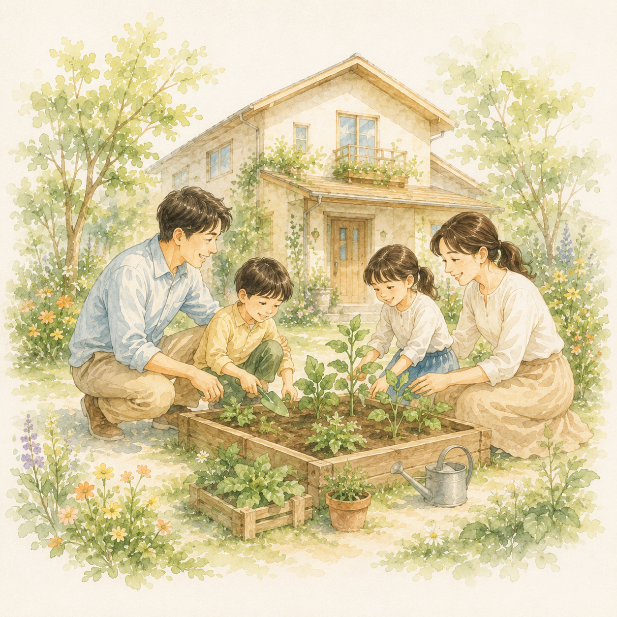 家族で庭を育てる温かな暮らしの水彩イラスト