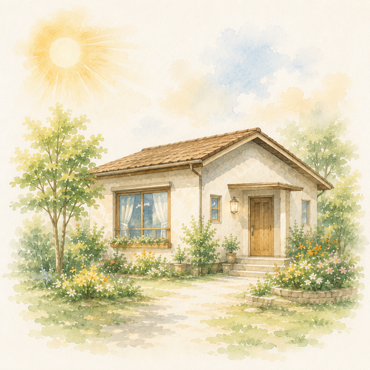 賃貸として無理なく暮らしを始める一戸建ての水彩イラスト