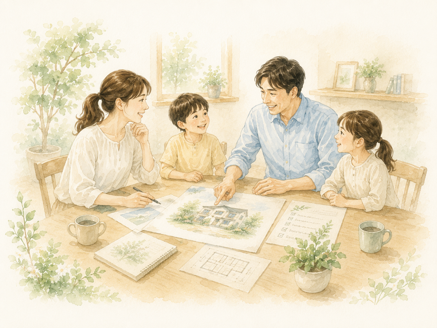 家族で暮らし方を整理している水彩イラスト