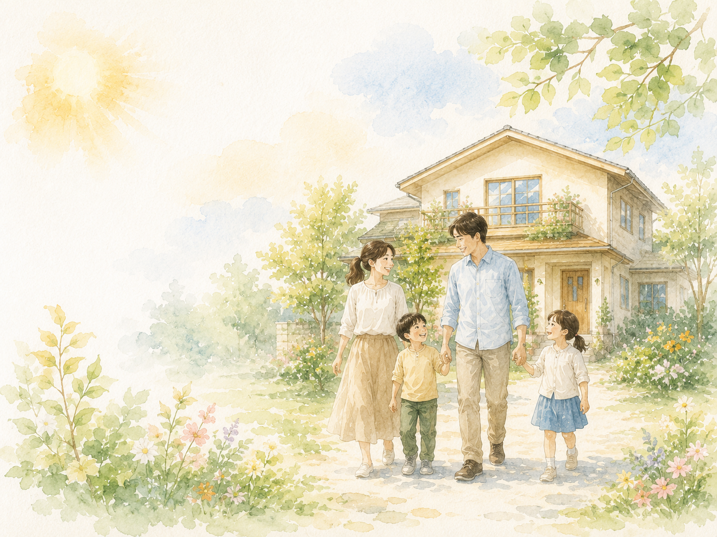 水彩調の家族と一戸建て、若葉とやわらかい自然光のイメージ